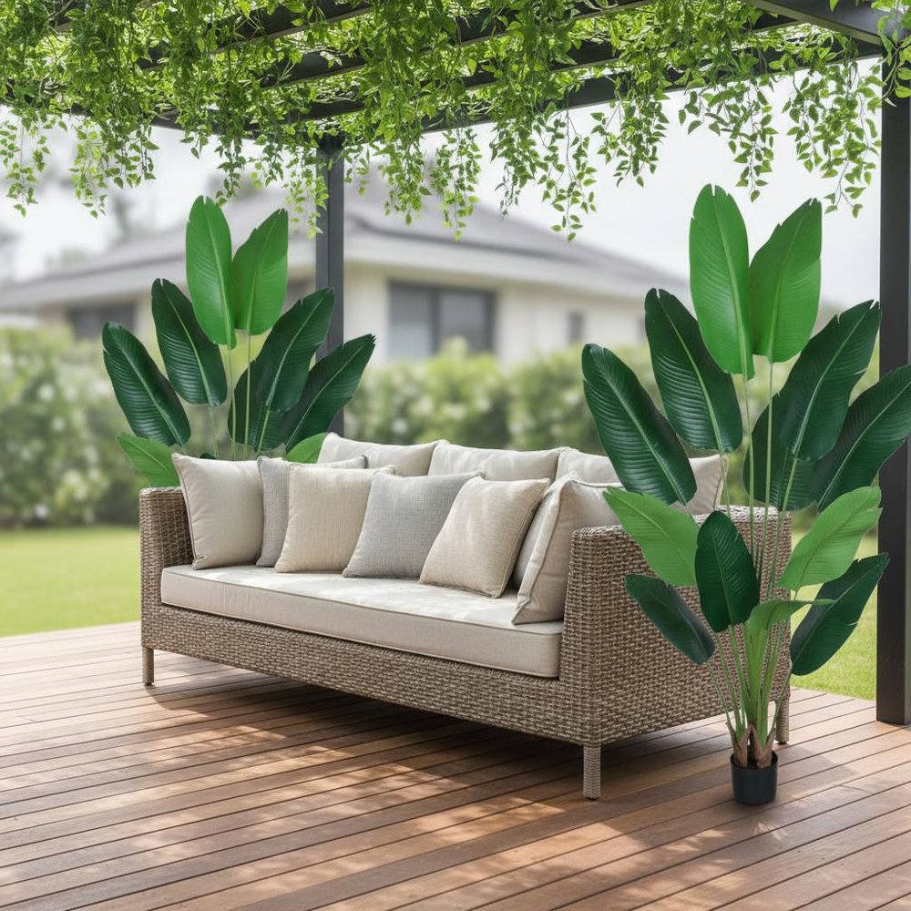 Set of Two 7" Green Artificial Banana Leaf In Cylindrical Black Cement Pot  Warm Home View