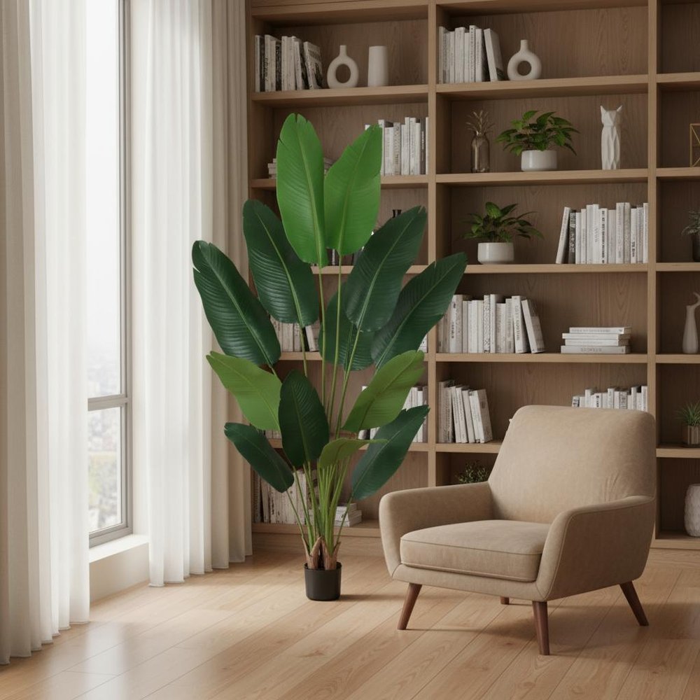 Set of Two 7" Green Artificial Banana Leaf In Cylindrical Black Cement Pot  Warm Home View