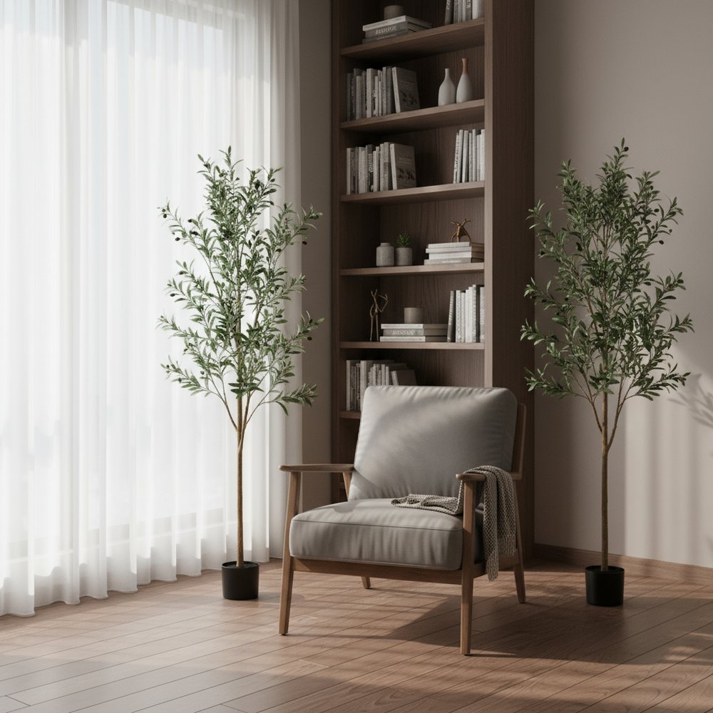 Set Of Two 84" Green Artificial Olive Trees in a Black Pot  Warm Home View