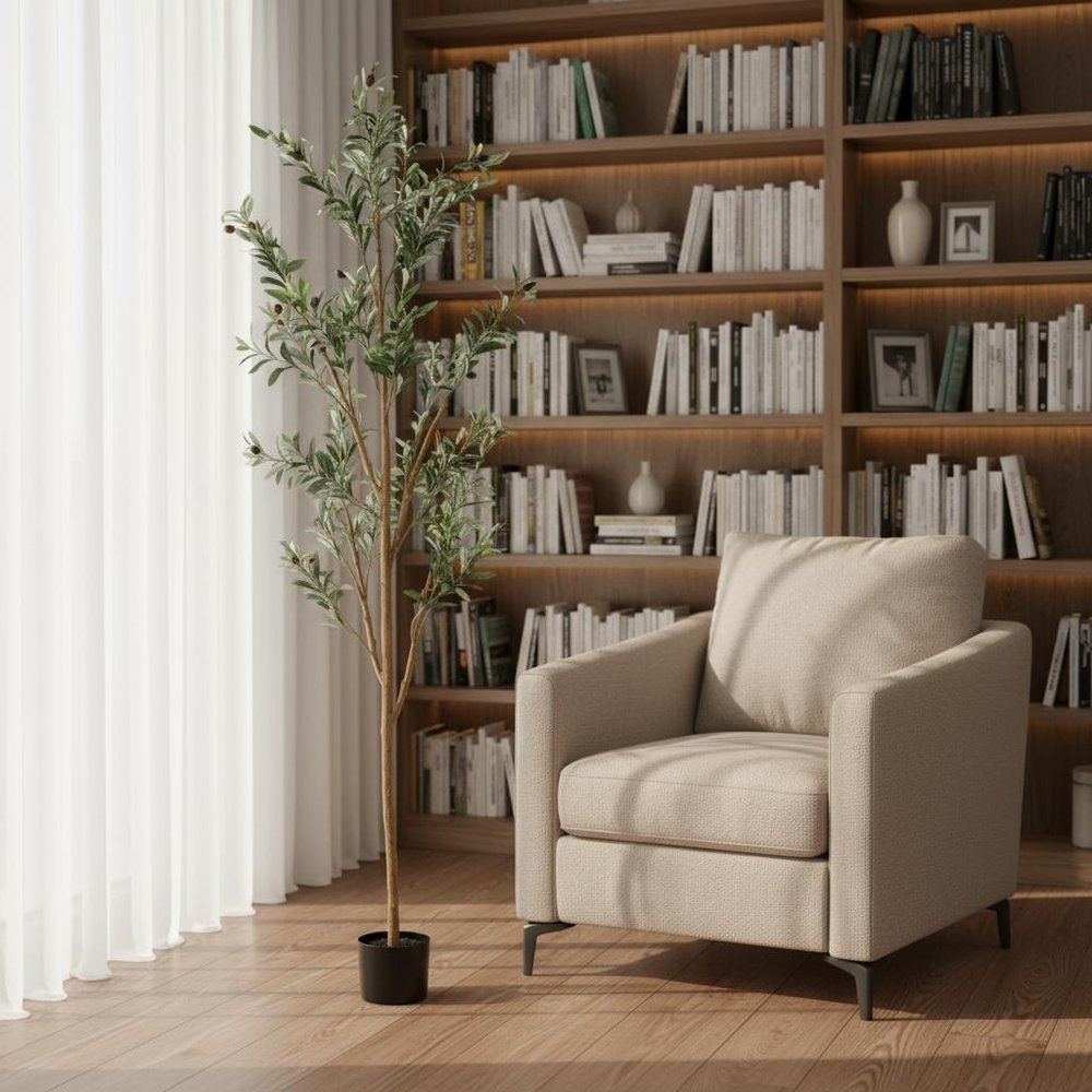 Set Of Two 84" Green Artificial Olive Trees in a Black Pot  Warm Home View