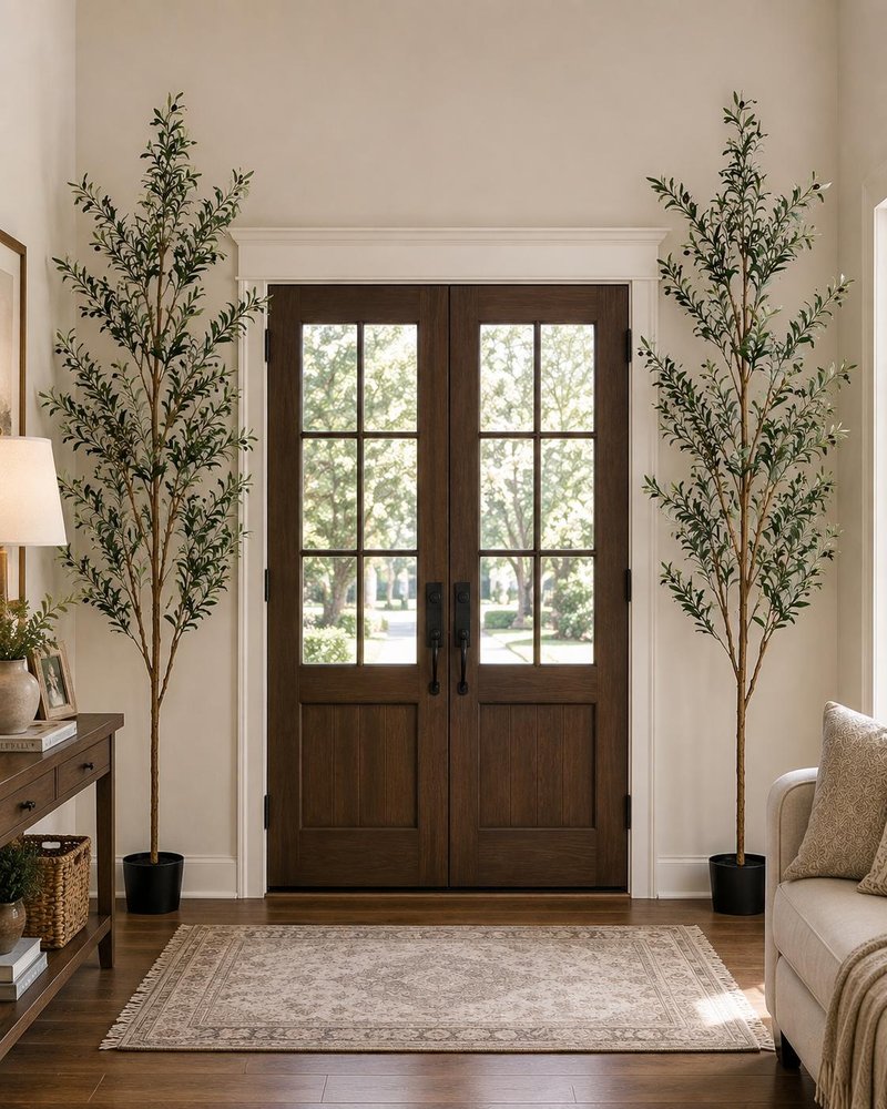 Set Of Two 84" Green Artificial Olive Trees in a Black Pot  Warm Home View