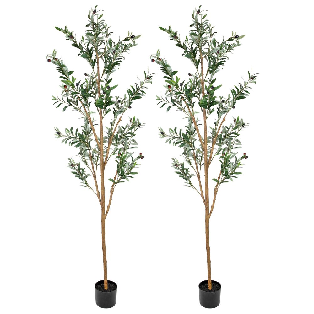 Set Of Two 84" Green Artificial Olive Trees in a Black Pot  Warm Home View