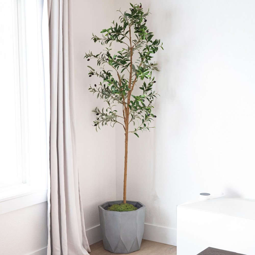 Set Of Two 84" Green Artificial Olive Trees in a Black Pot  Warm Home View