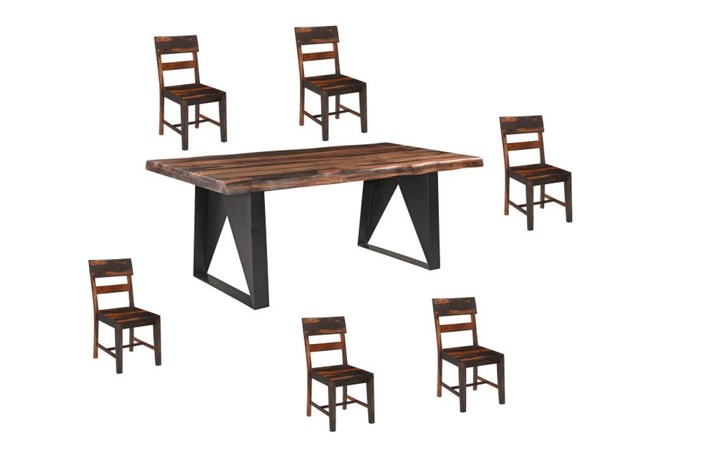 Seven Piece Brown and Black Solid Wood Dining Set with Six Chairs and One Bench  Warm Home View