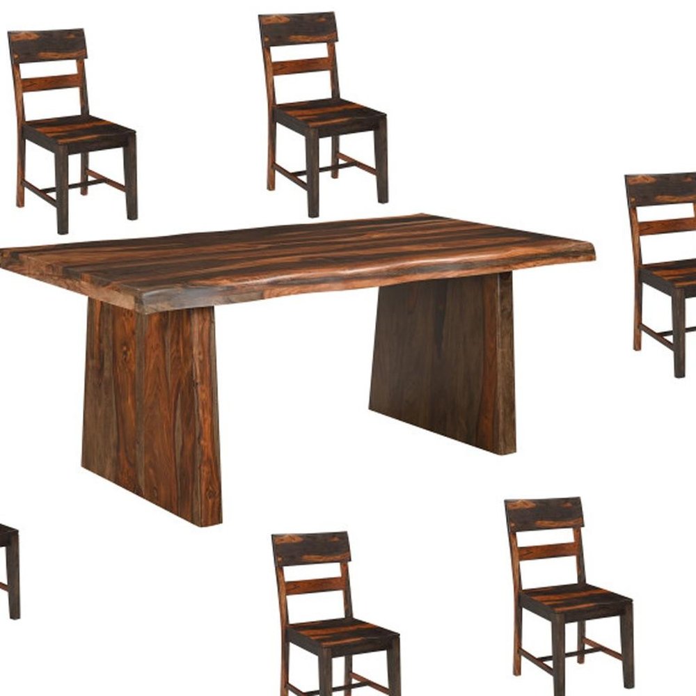 Seven Piece Brown Solid Wood Dining Set with Six Chairs and One Bench  Warm Home View