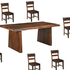 Seven Piece Brown Solid Wood Dining Set with Six Chairs and One Bench  Warm Home View