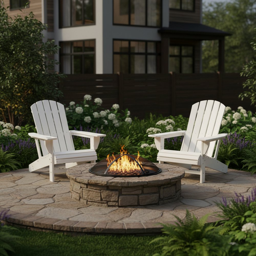 Set of Two White Heavy Duty Plastic Outdoor Adirondack Chairs  Warm Home View