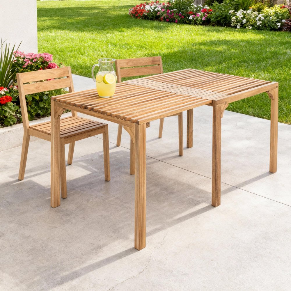 60" Natural Solid Wood Extendable Outdoor Dining Table  Warm Home View