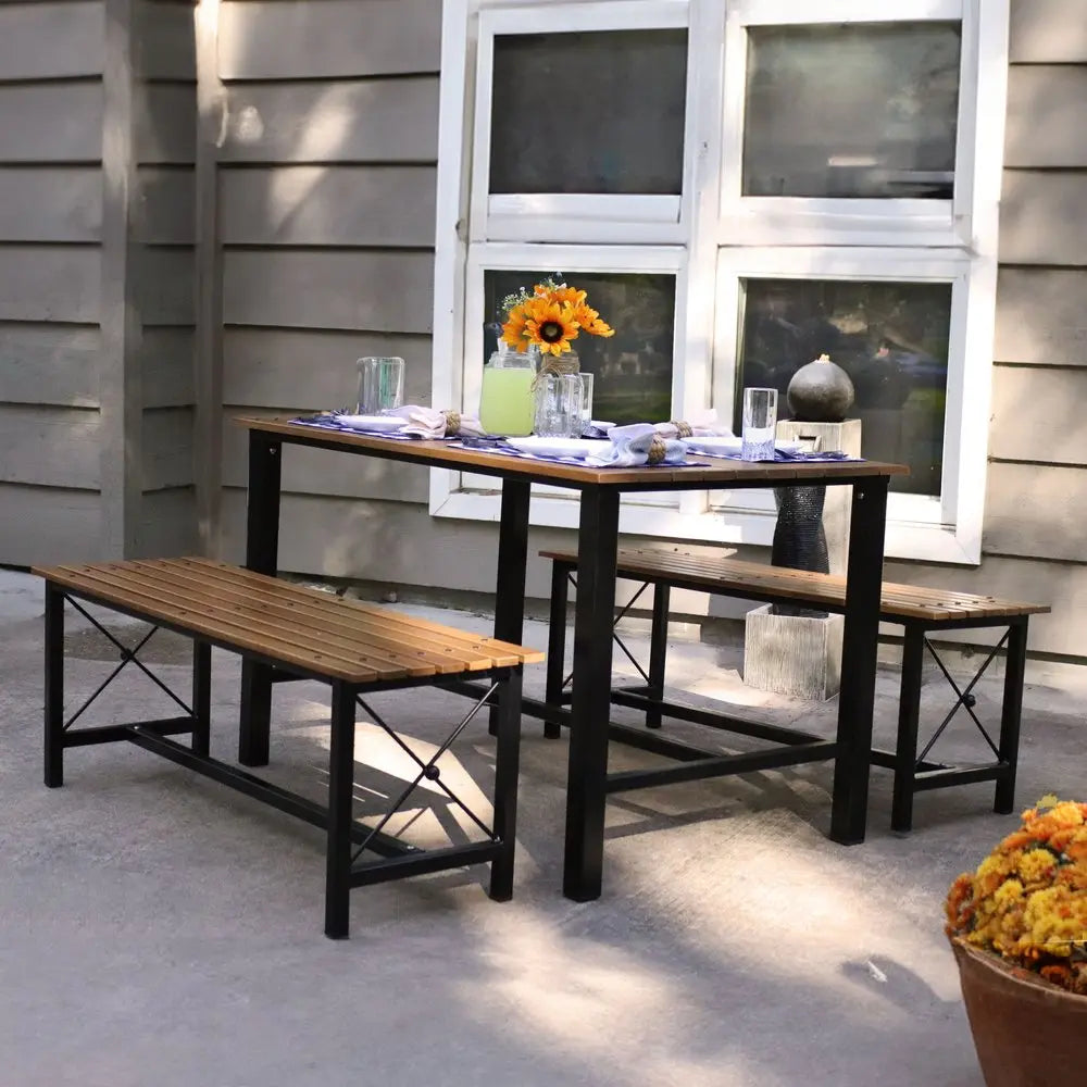 47" Brown Solid Wood Outdoor Dining Table with Steel Frame  Warm Home View