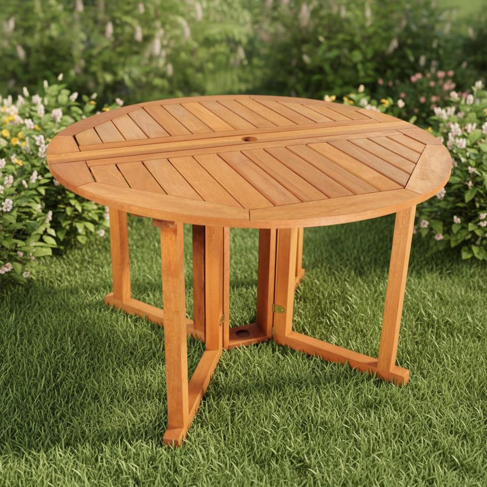 47" Brown Rounded Solid Wood Folding Outdoor Dining Table with Umbrella Hole  Warm Home View