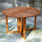 47" Brown Rounded Solid Wood Folding Outdoor Dining Table with Umbrella Hole  Warm Home View