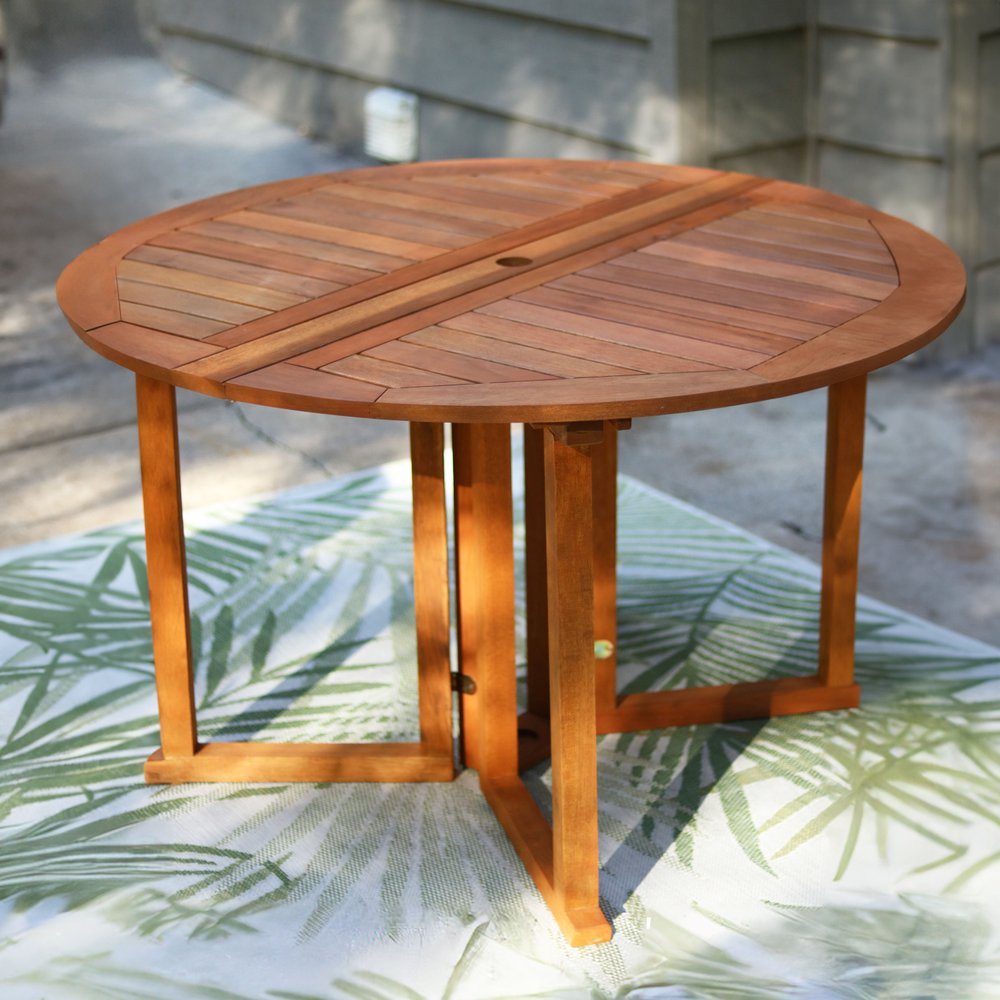 47" Brown Rounded Solid Wood Folding Outdoor Dining Table with Umbrella Hole  Warm Home View