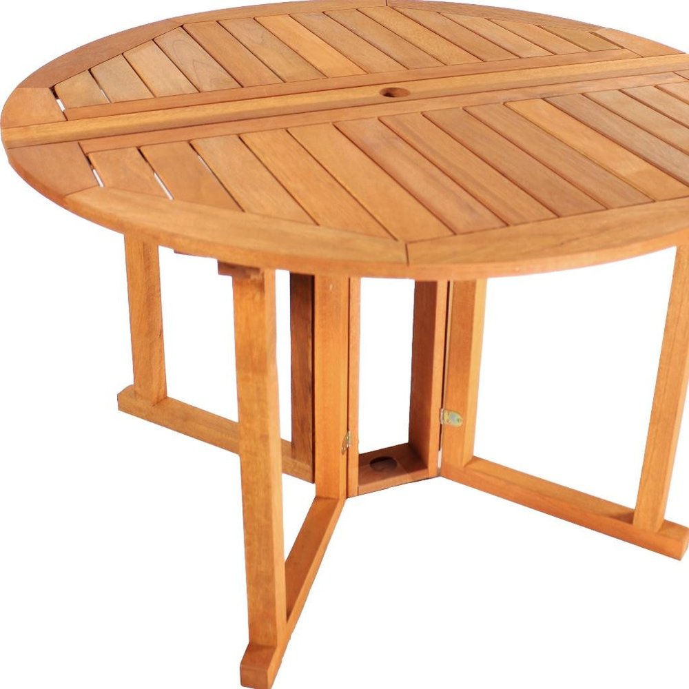47" Brown Rounded Solid Wood Folding Outdoor Dining Table with Umbrella Hole  Warm Home View