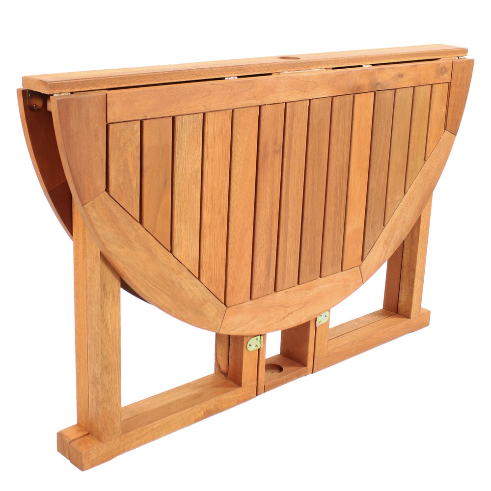 47" Brown Rounded Solid Wood Folding Outdoor Dining Table with Umbrella Hole  Warm Home View