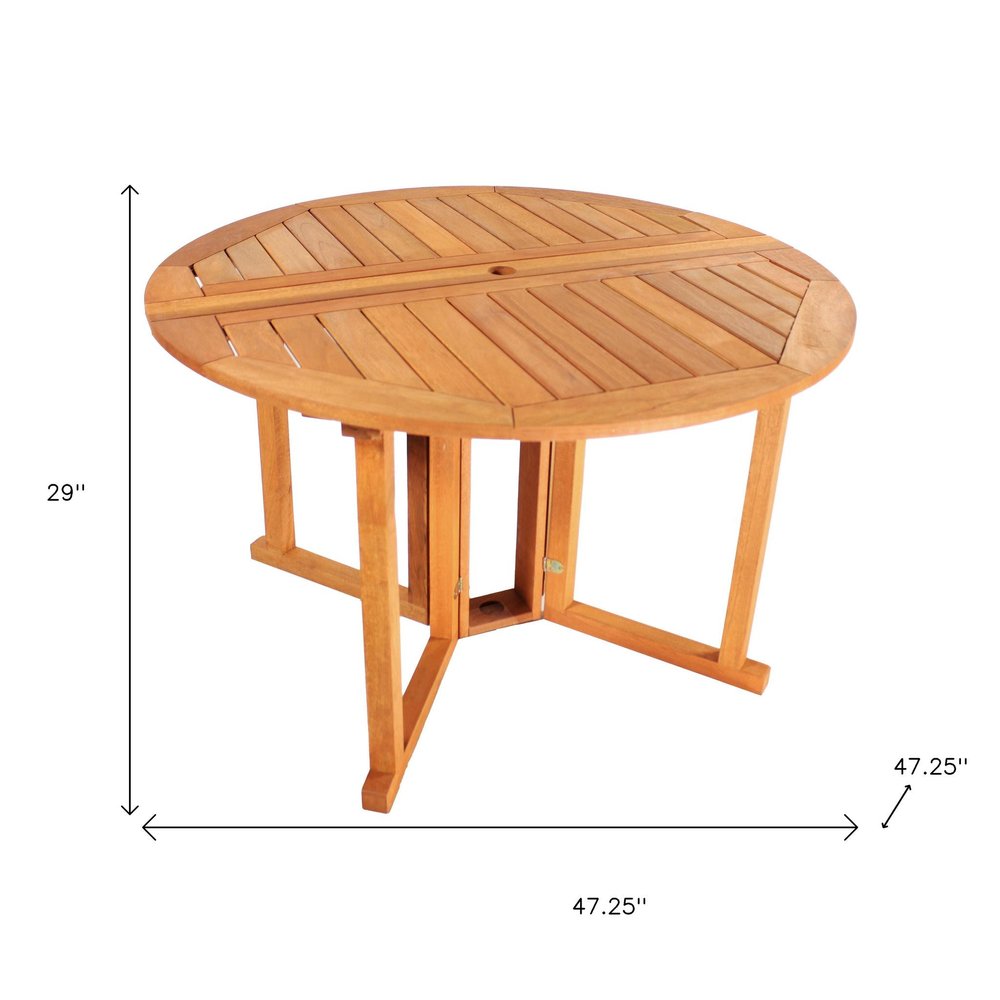 47" Brown Rounded Solid Wood Folding Outdoor Dining Table with Umbrella Hole  Warm Home View
