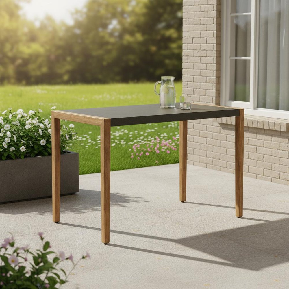 56" Gray And Natural Faux Concrete And Solid Wood Outdoor Bar Table  Warm Home View