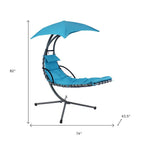 74" Silver Steel Outdoor Floating Chaise Lounge with Teal Blue Cushion And Canopy  Warm Home View
