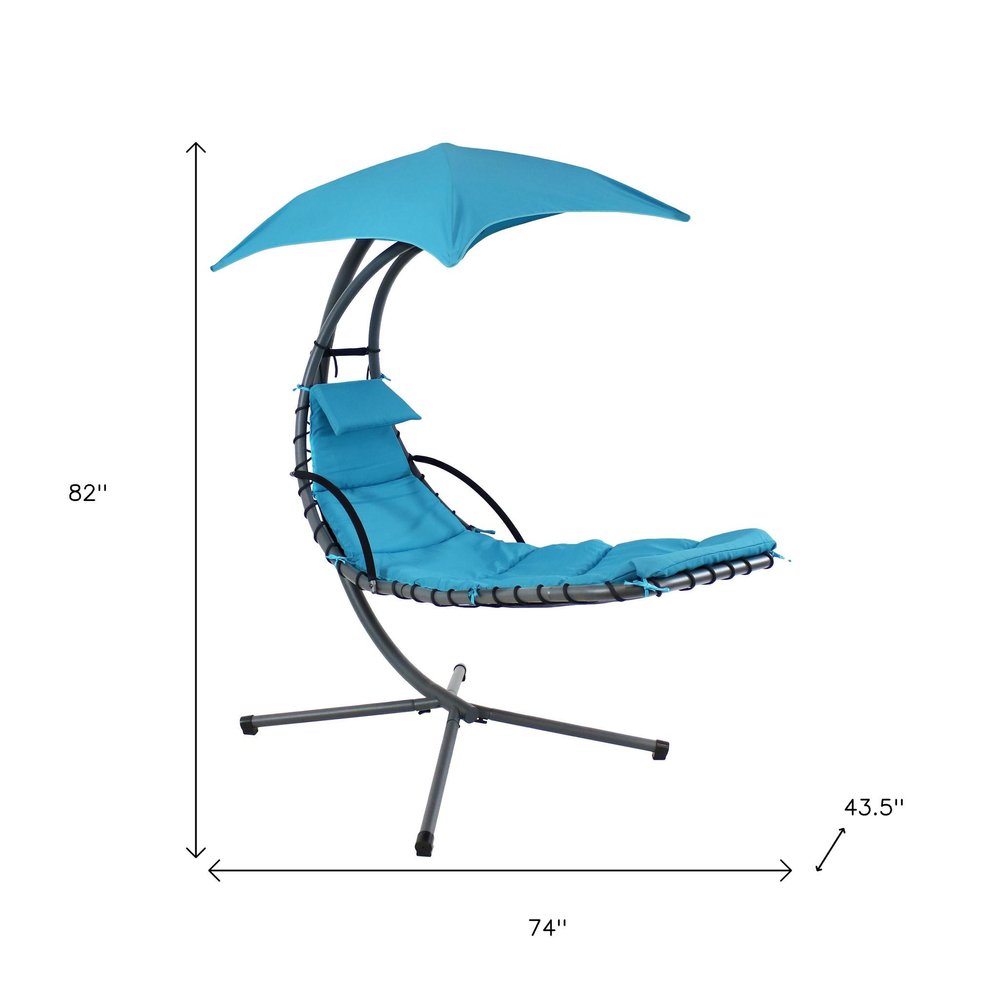 74" Silver Steel Outdoor Floating Chaise Lounge with Teal Blue Cushion And Canopy  Warm Home View