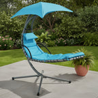 74" Silver Steel Outdoor Floating Chaise Lounge with Teal Blue Cushion And Canopy  Warm Home View