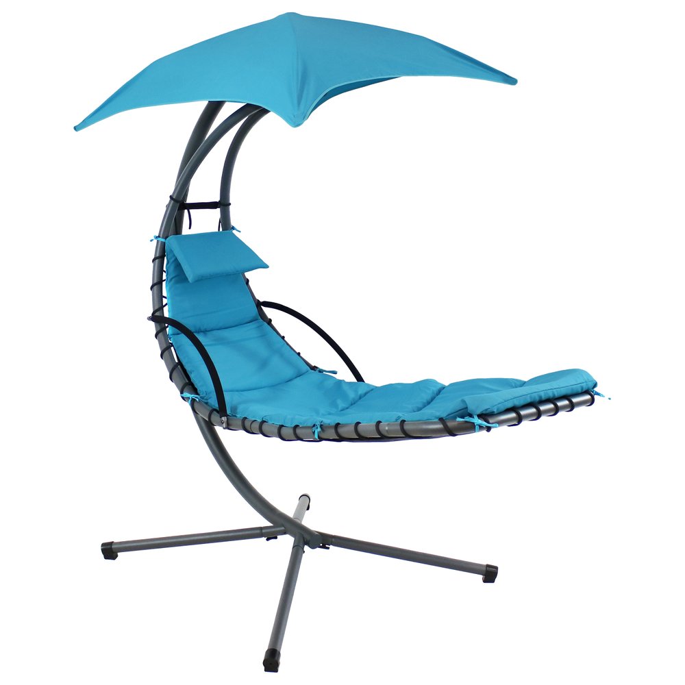 74" Silver Steel Outdoor Floating Chaise Lounge with Teal Blue Cushion And Canopy  Warm Home View