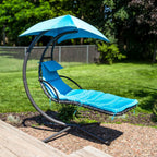 74" Silver Steel Outdoor Floating Chaise Lounge with Teal Blue Cushion And Canopy  Warm Home View