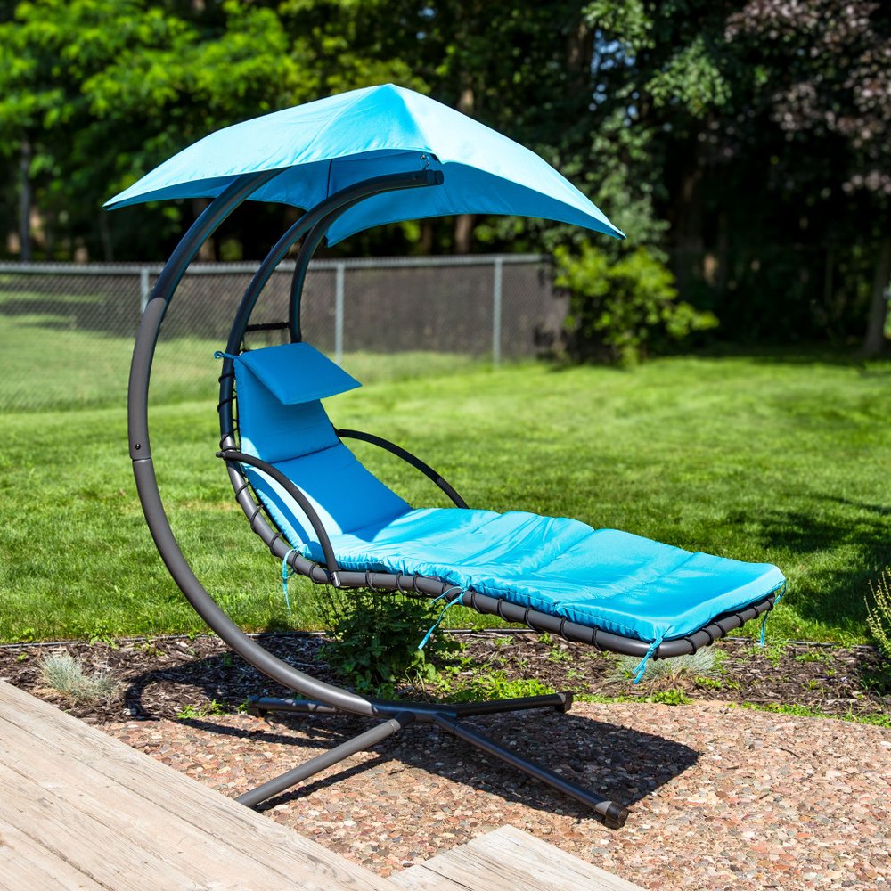 74" Silver Steel Outdoor Floating Chaise Lounge with Teal Blue Cushion And Canopy  Warm Home View