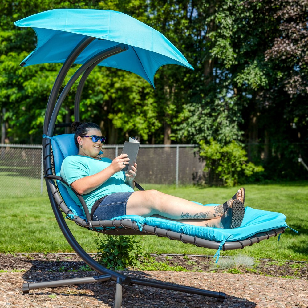 74" Silver Steel Outdoor Floating Chaise Lounge with Teal Blue Cushion And Canopy  Warm Home View