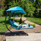 74" Silver Steel Outdoor Floating Chaise Lounge with Teal Blue Cushion And Canopy  Warm Home View