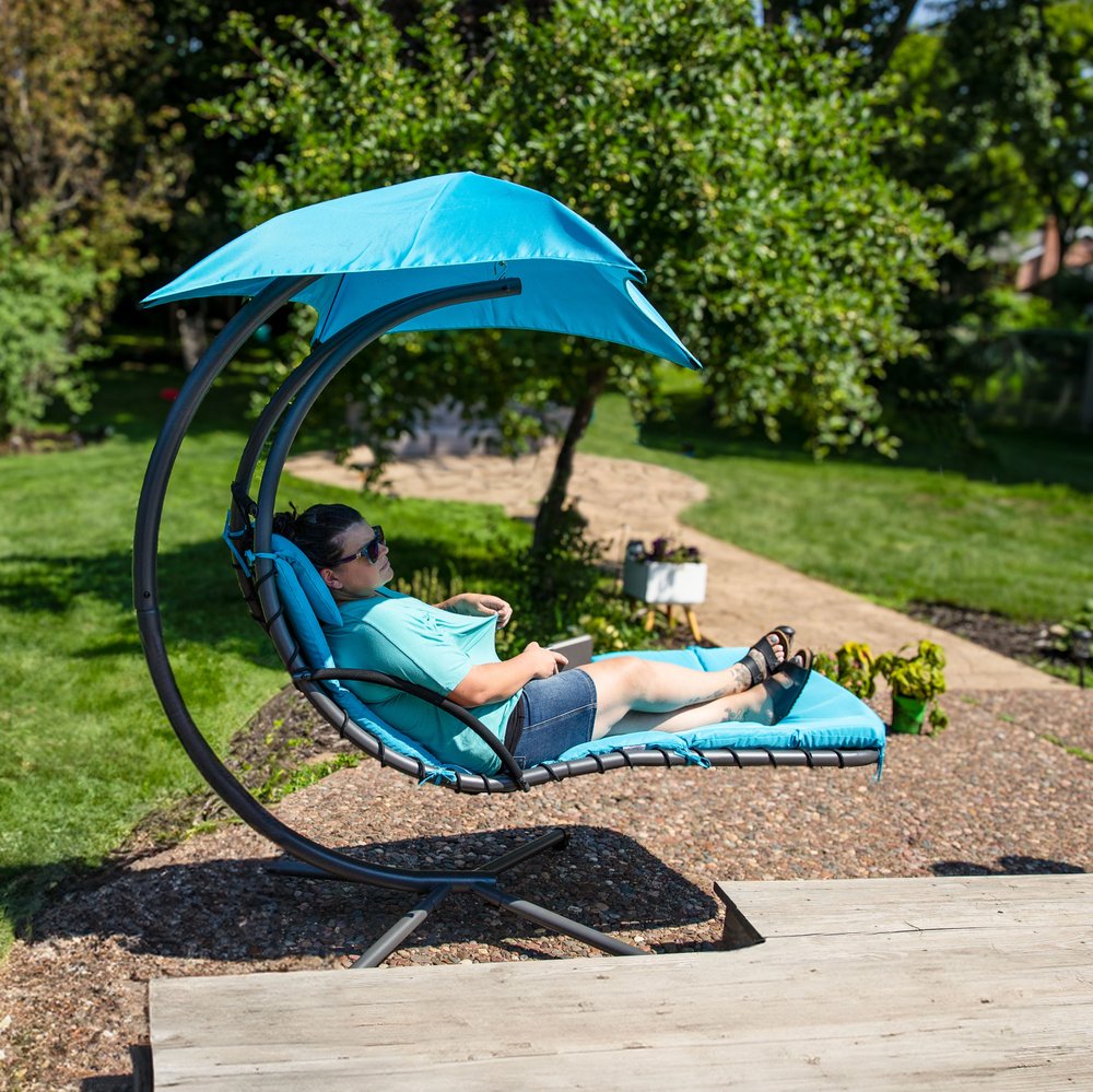 74" Silver Steel Outdoor Floating Chaise Lounge with Teal Blue Cushion And Canopy  Warm Home View