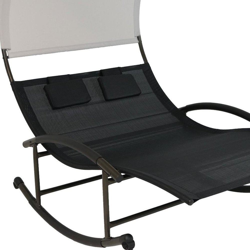 70" Black Steel Sling Outdoor Rocking Chaise Lounge With Canopy  Warm Home View