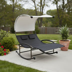 70" Black Steel Sling Outdoor Rocking Chaise Lounge With Canopy  Warm Home View