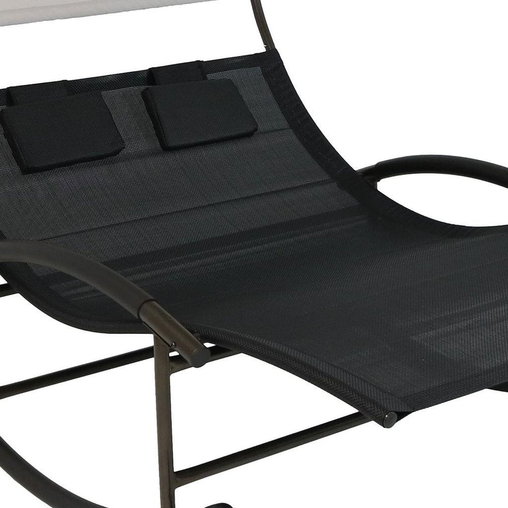 70" Black Steel Sling Outdoor Rocking Chaise Lounge With Canopy  Warm Home View