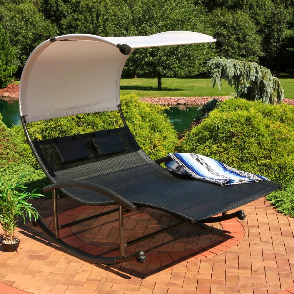 70" Black Steel Sling Outdoor Rocking Chaise Lounge With Canopy  Warm Home View