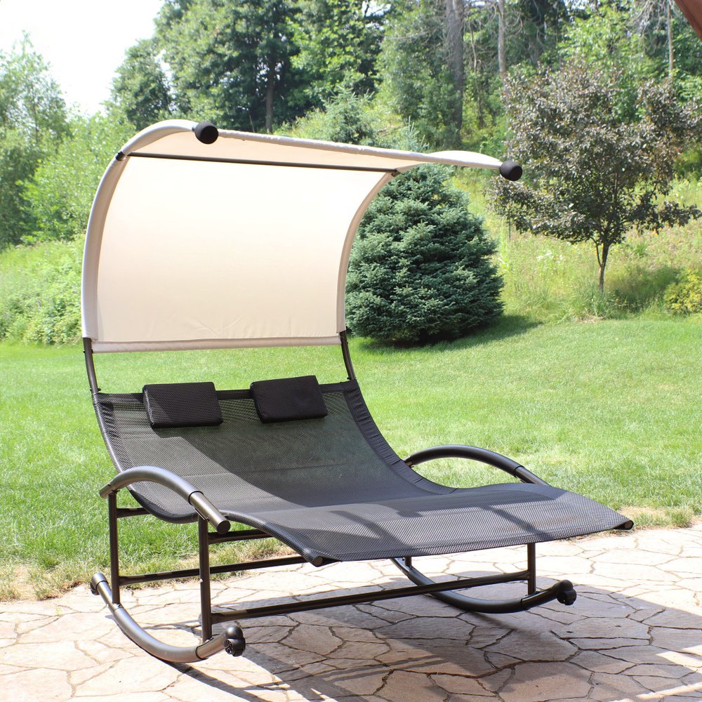 70" Black Steel Sling Outdoor Rocking Chaise Lounge With Canopy  Warm Home View