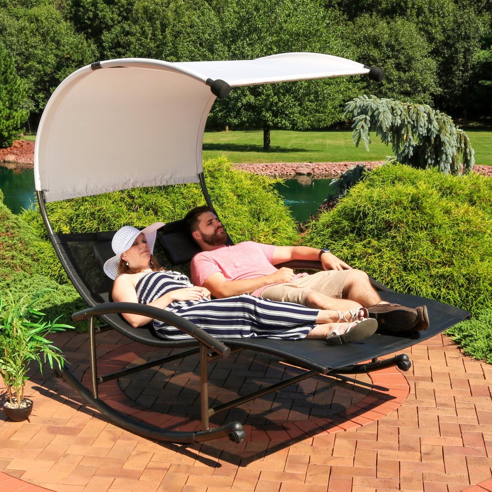 70" Black Steel Sling Outdoor Rocking Chaise Lounge With Canopy  Warm Home View