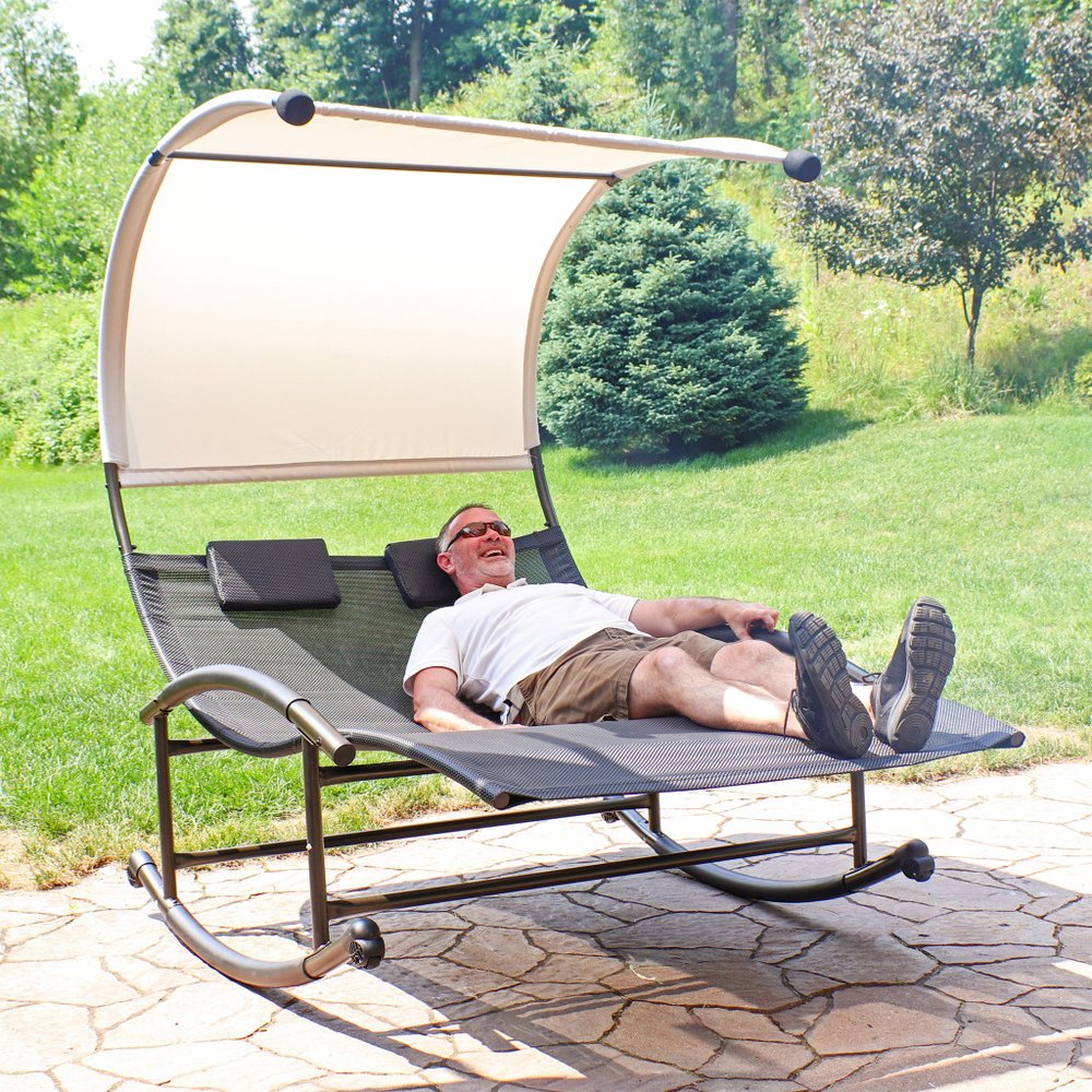 70" Black Steel Sling Outdoor Rocking Chaise Lounge With Canopy  Warm Home View