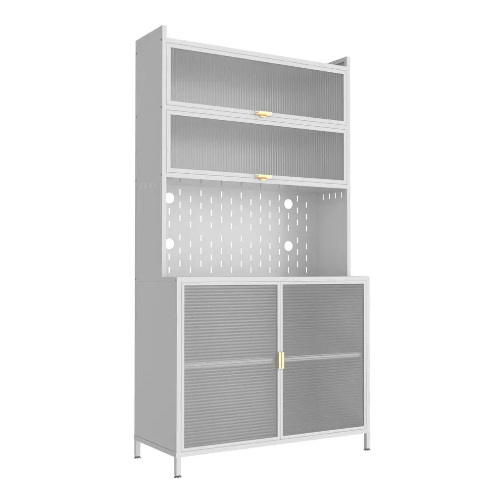73" White Stainless Steel Textured Door Dining Hutch With Two Doors  Warm Home View