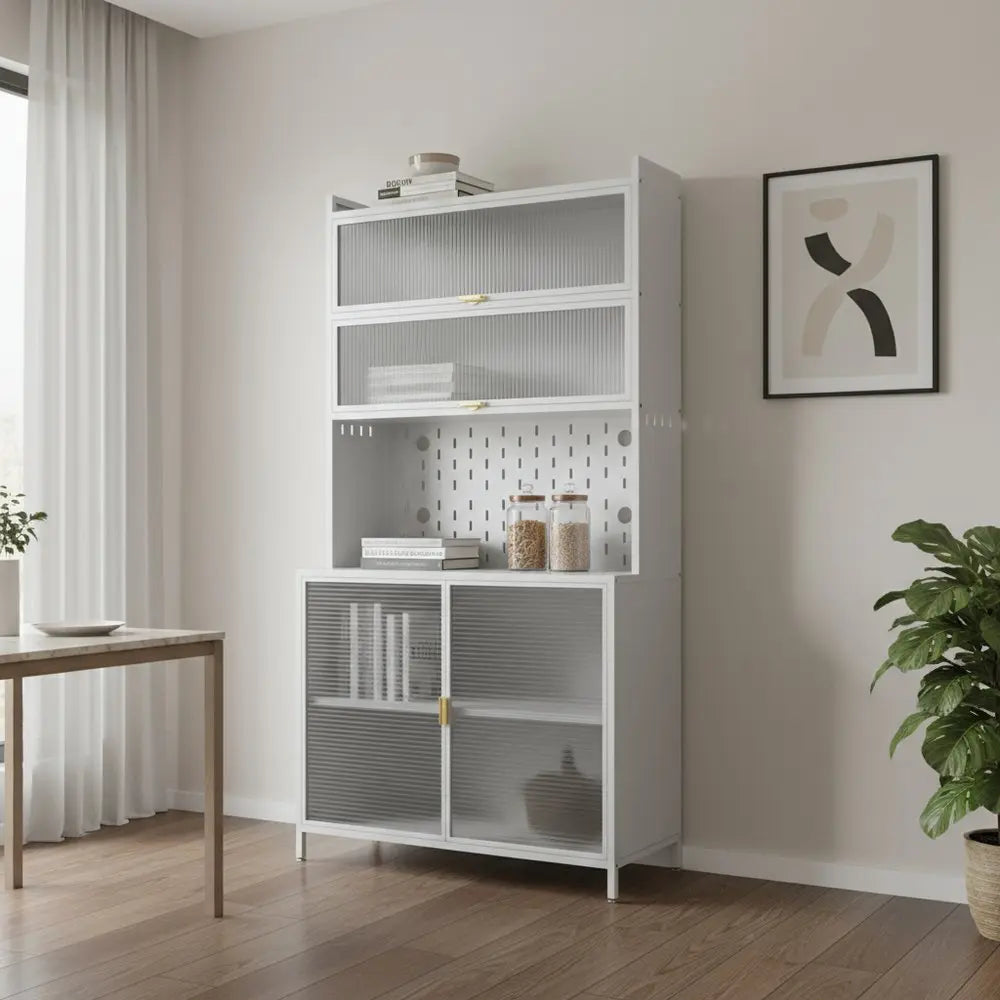 73" White Stainless Steel Textured Door Dining Hutch With Two Doors  Warm Home View