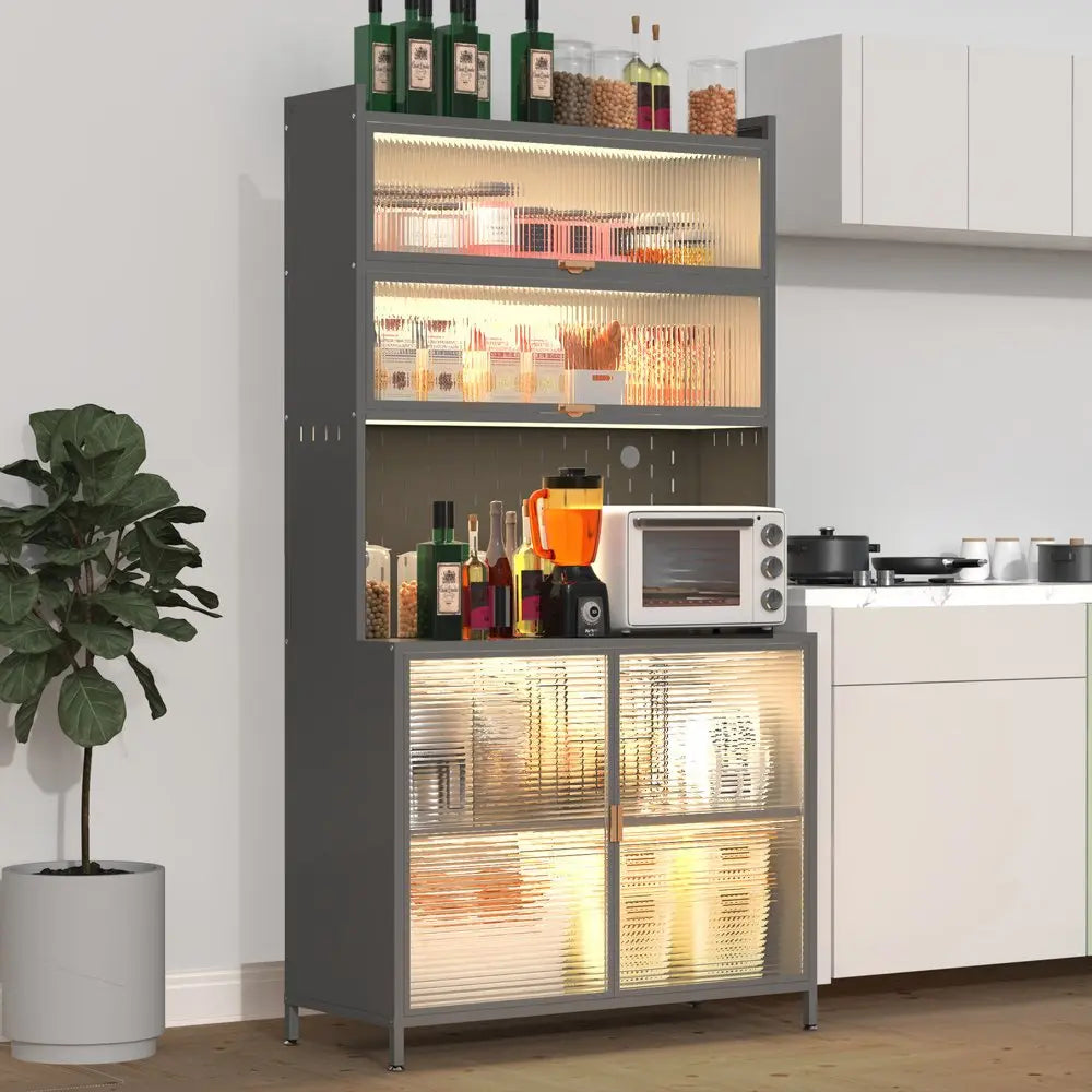 73" Gray Stainless Steel Textured Door Dining Hutch With Two Doors  Warm Home View
