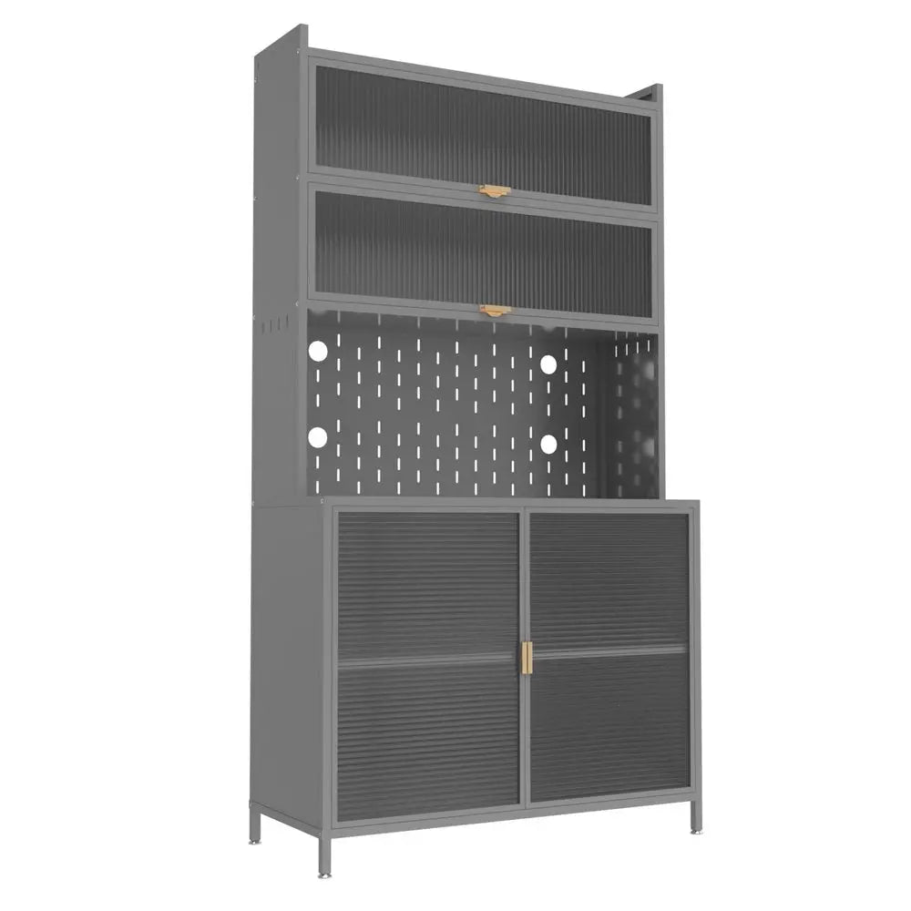 73" Gray Stainless Steel Textured Door Dining Hutch With Two Doors  Warm Home View