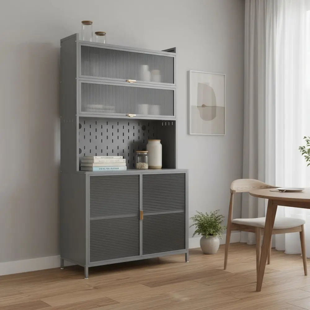 73" Gray Stainless Steel Textured Door Dining Hutch With Two Doors  Warm Home View