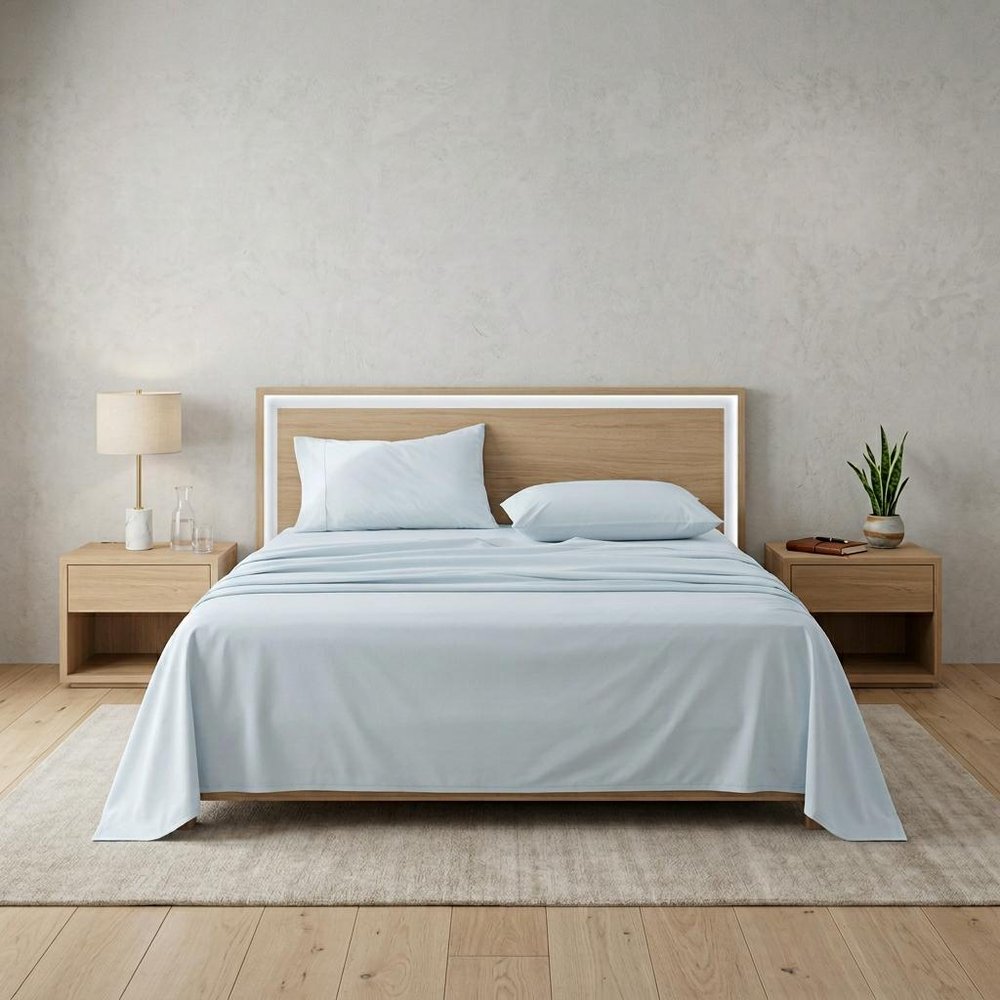 Four Piece Light Blue Cotton Queen Sheet Set  Warm Home View