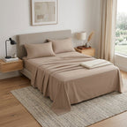 Four Piece Light Brown Cotton Queen Sheet Set  Warm Home View