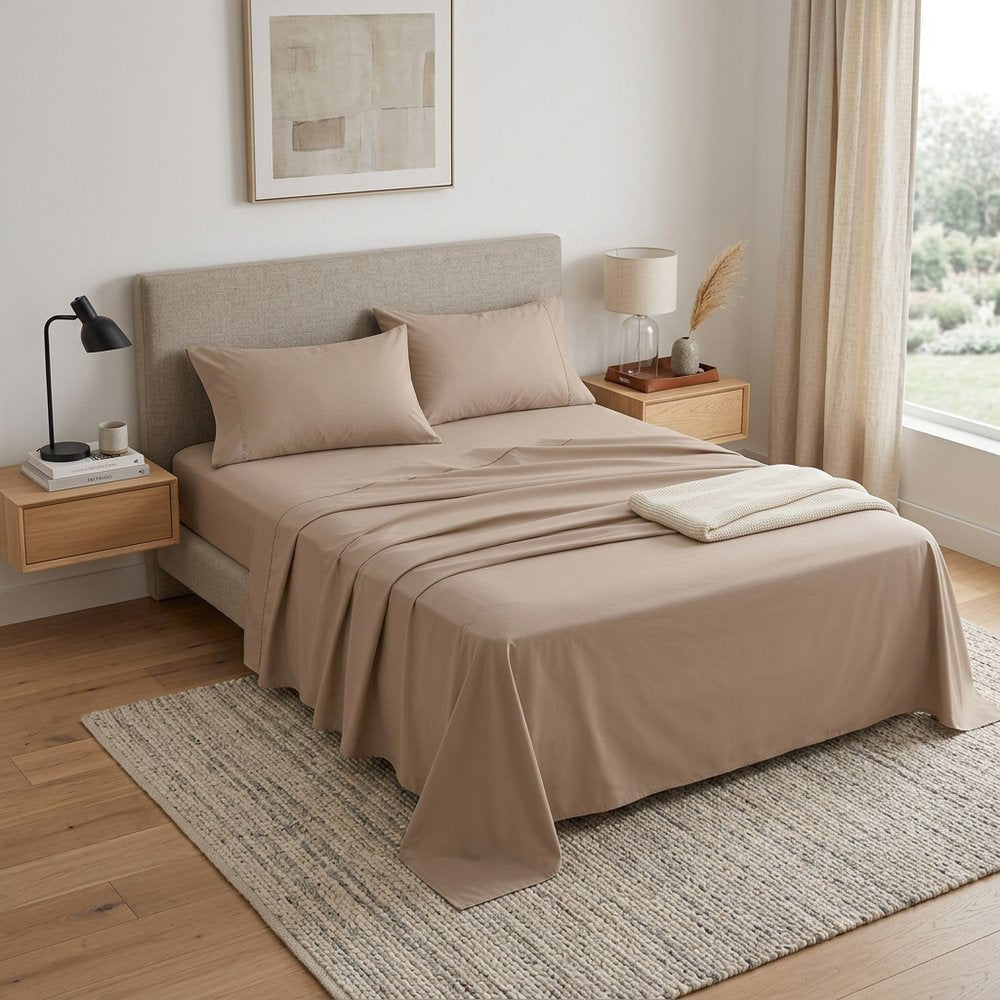 Four Piece Light Brown Cotton Queen Sheet Set  Warm Home View