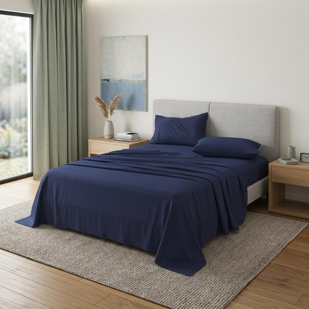 Four Piece Navy Blue Cotton Queen Sheet Set  Warm Home View