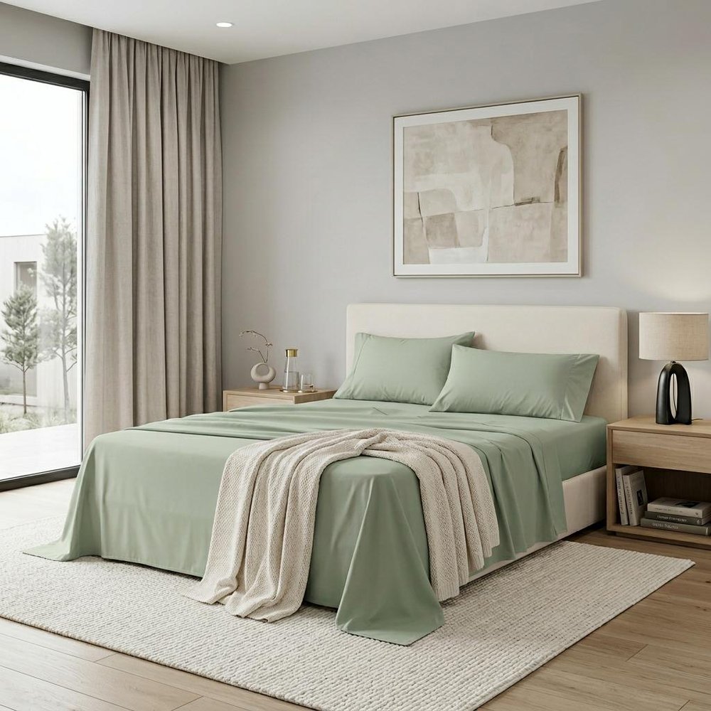 Four Piece Sage Cotton King Sheet Set  Warm Home View