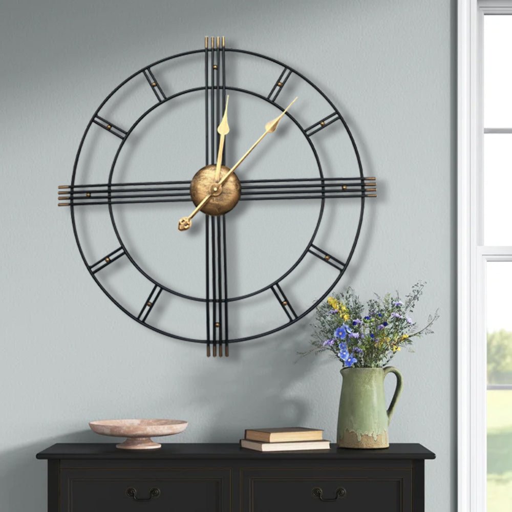 24" Beige Black And Brown Silent Analog Round Wall Clock  Warm Home View