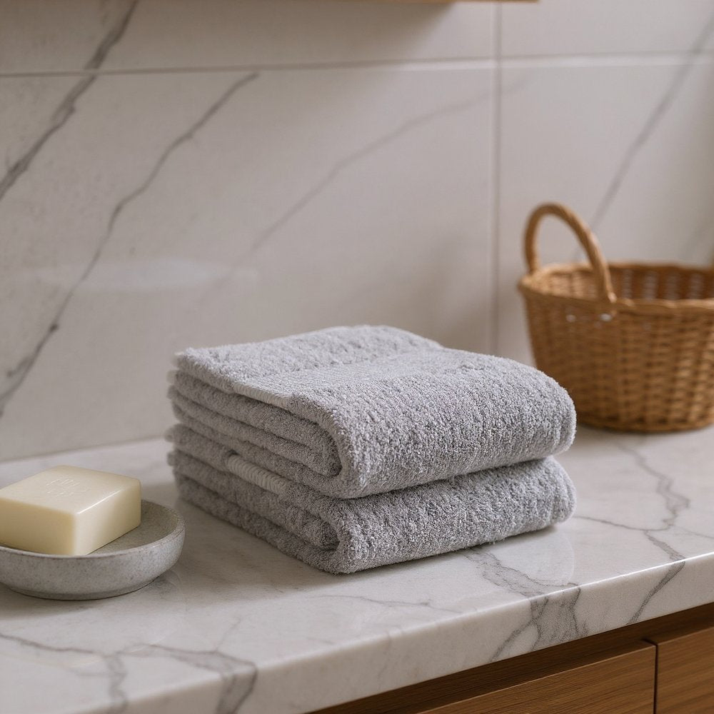 Set of Two Light Gray Cotton Hand Towels 16" X 30" Quick Dry Terry Cloth  Warm Home View