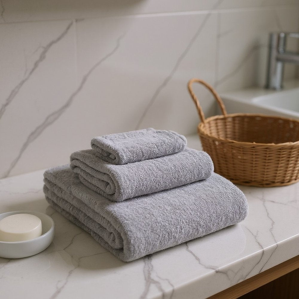 Set of Three Light Gray Cotton Quick Dry Terry Cloth Towels  Warm Home View