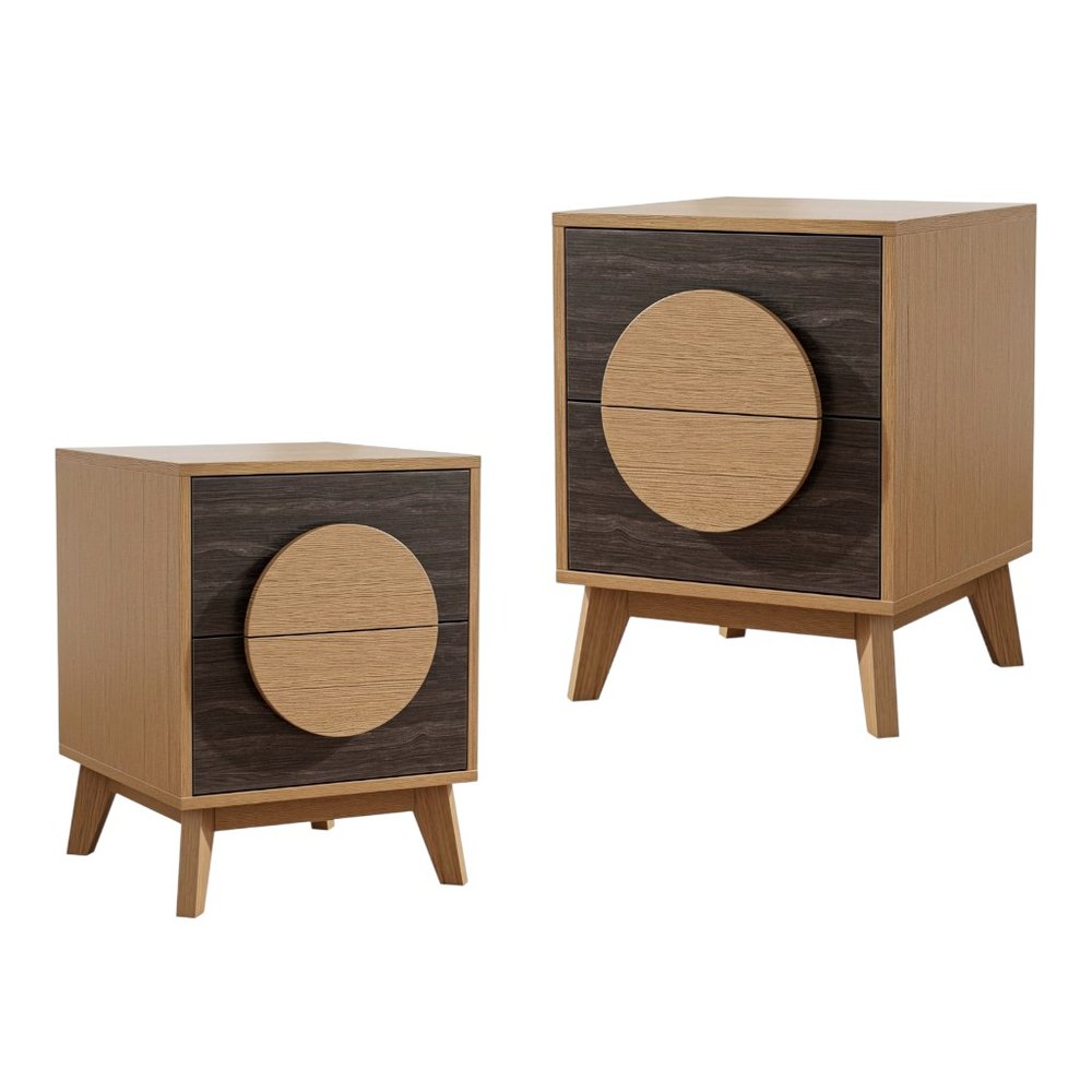 Set of Two 21" Oak And Dark Brown Solid Wood Square Two Drawer Nightstands  Warm Home View